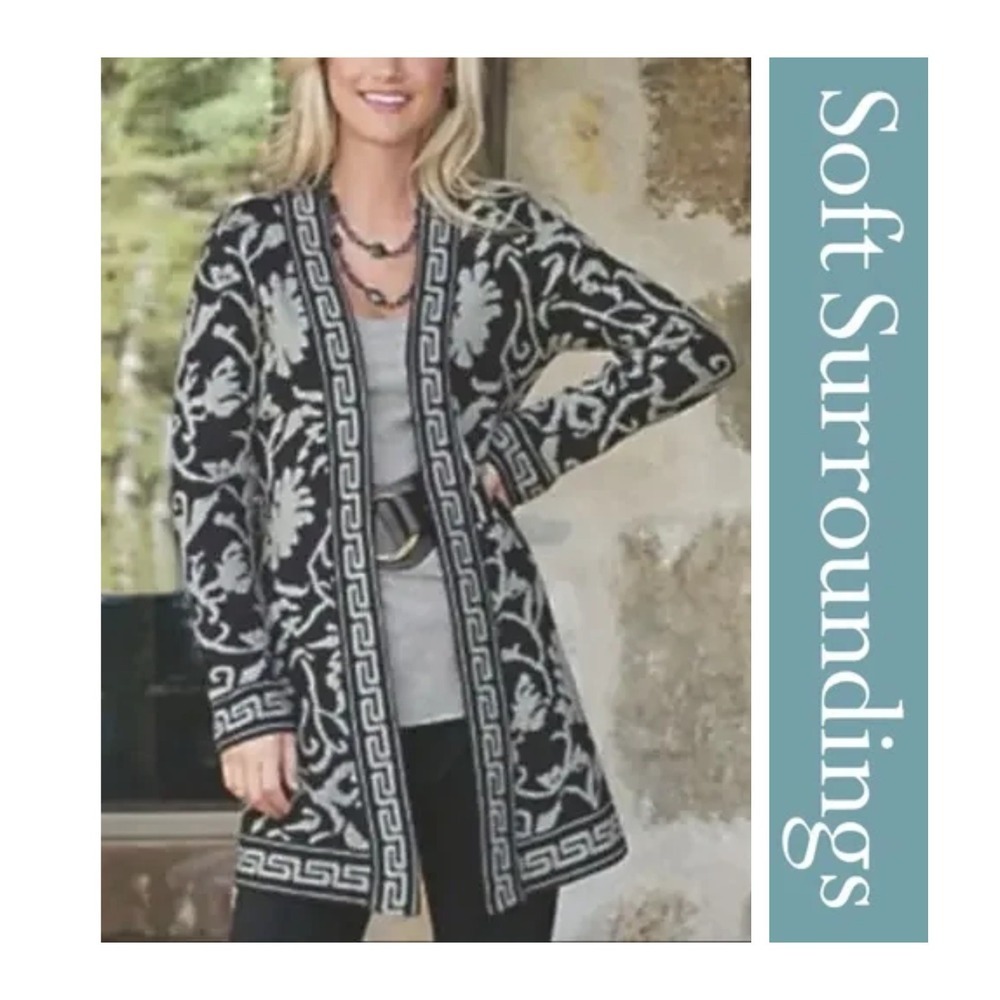 Soft Surroundings Mohair Wool Blend Bistro Floral Open Front Duster Cardigan PL